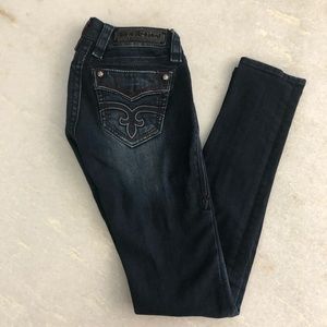 Rock Revival Skinny Jeans. Blue w Red stitching